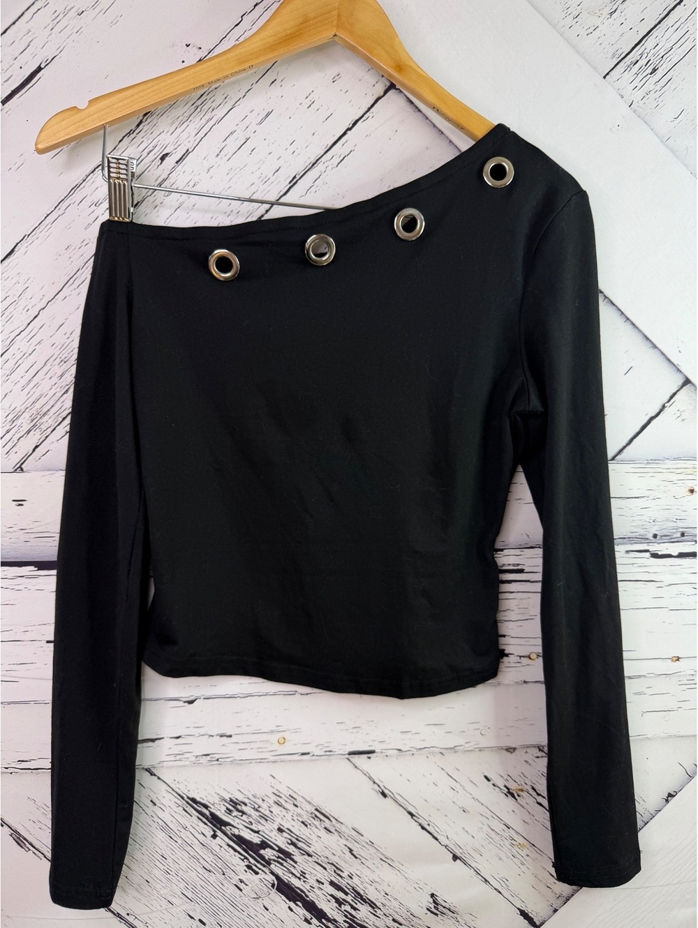 Goth Cyber Grunge Grommet Asymmetrical Off-The-Shoulder Crop Black Top Women’s M